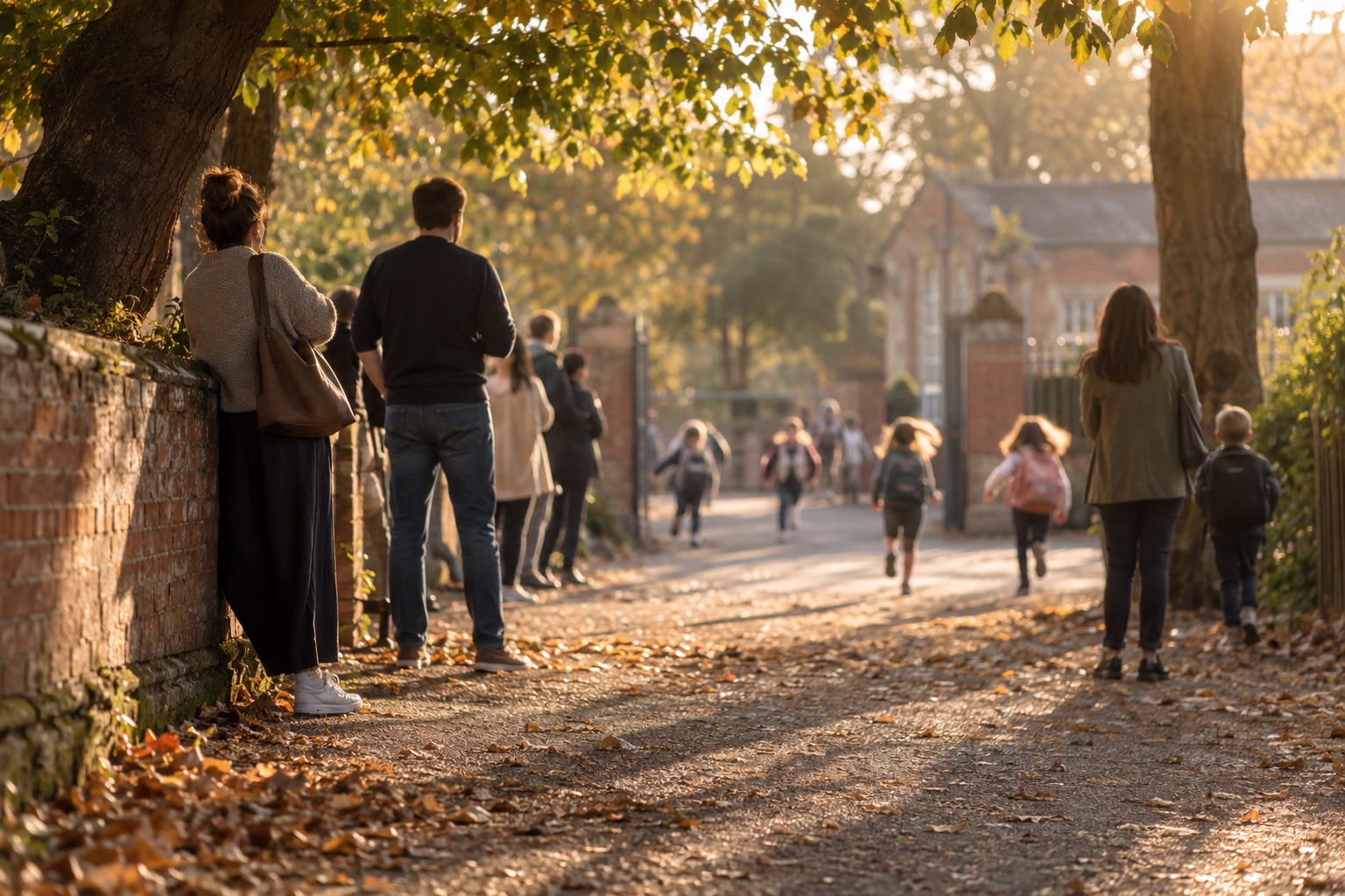 Parents waiting under trees at afternoon pickup as children run toward them.